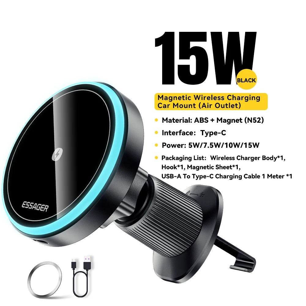 Magnetic Car Phone Holder 15W Wireless Charger Stand